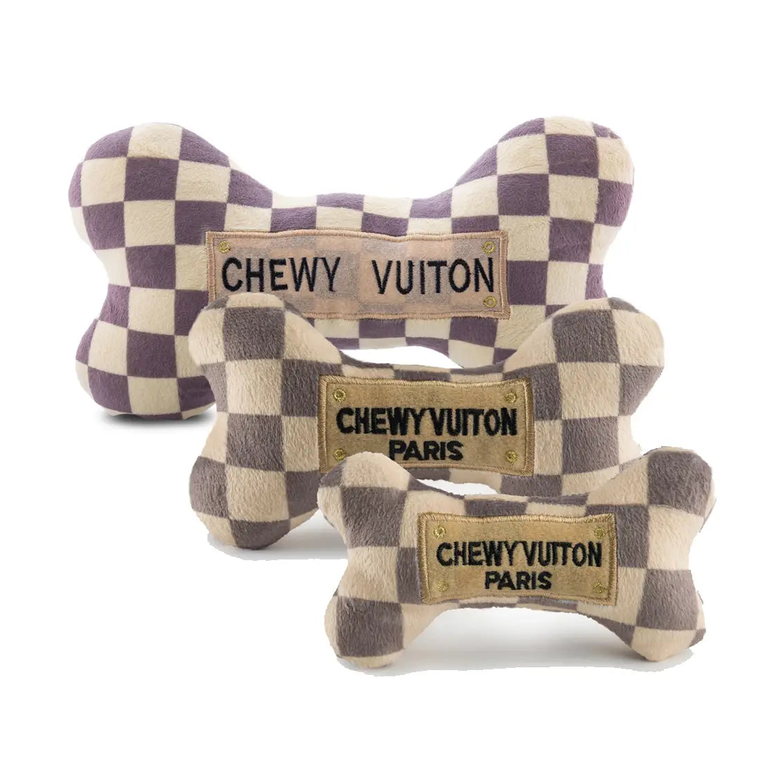Checker Chewy Vuiton Bones Squeaker Dog Toy