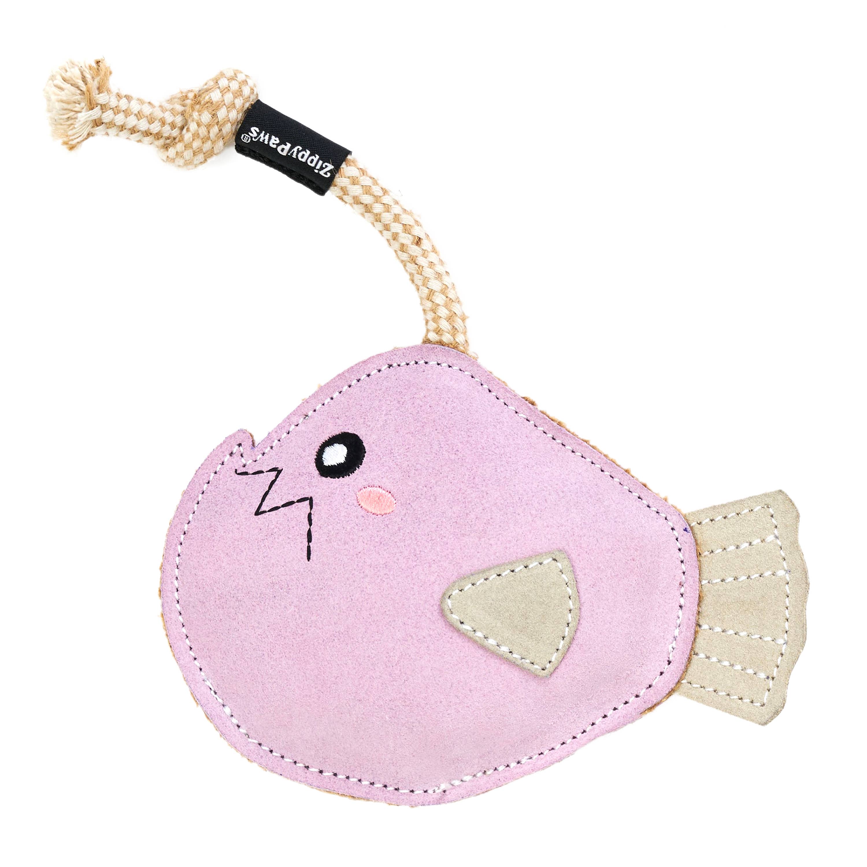 EcoZippy Suede and Rope Buddies - Angler Fish | Natural Leather Dog Toy