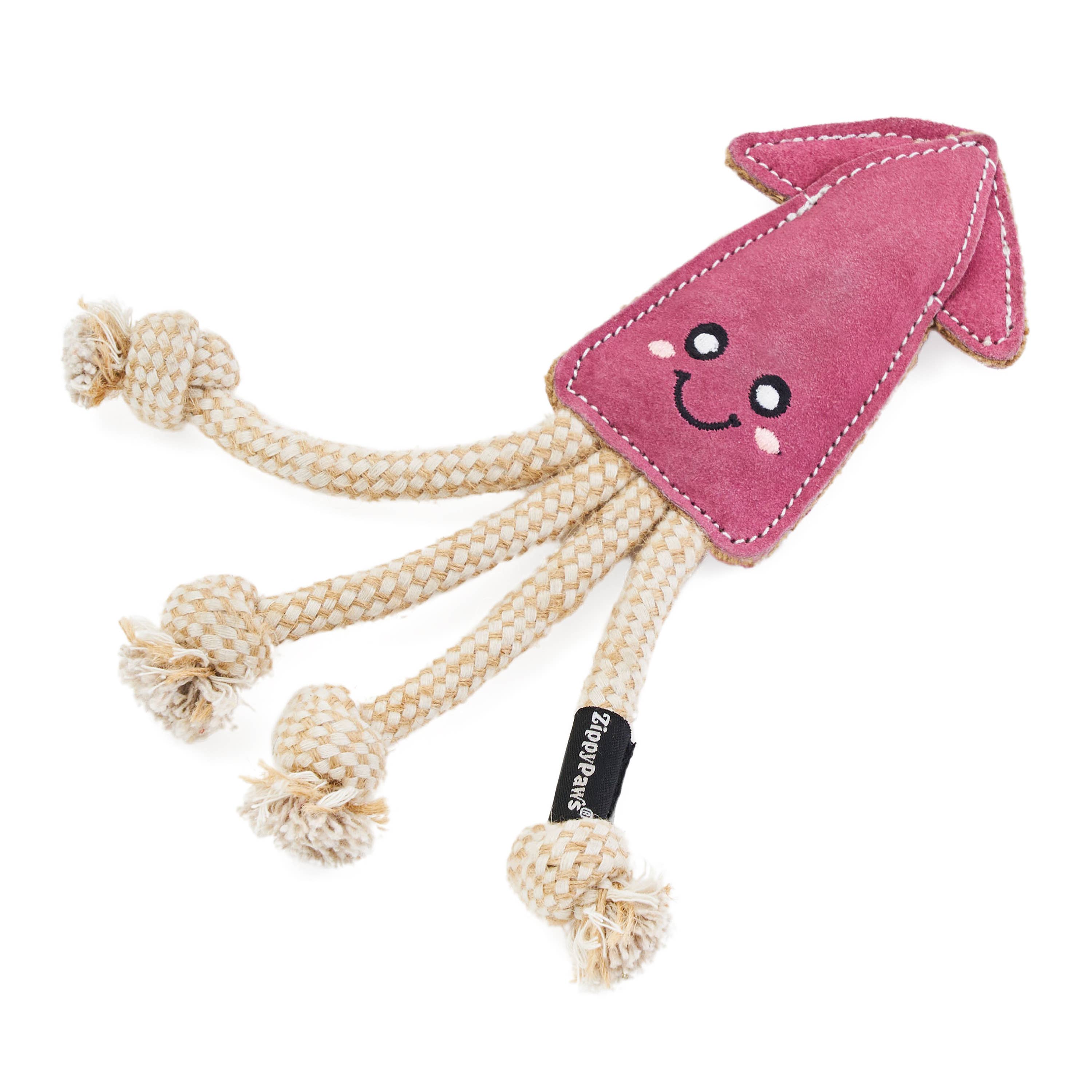 EcoZippy Suede and Rope Buddies - Squid | Natural Leather Dog Toy