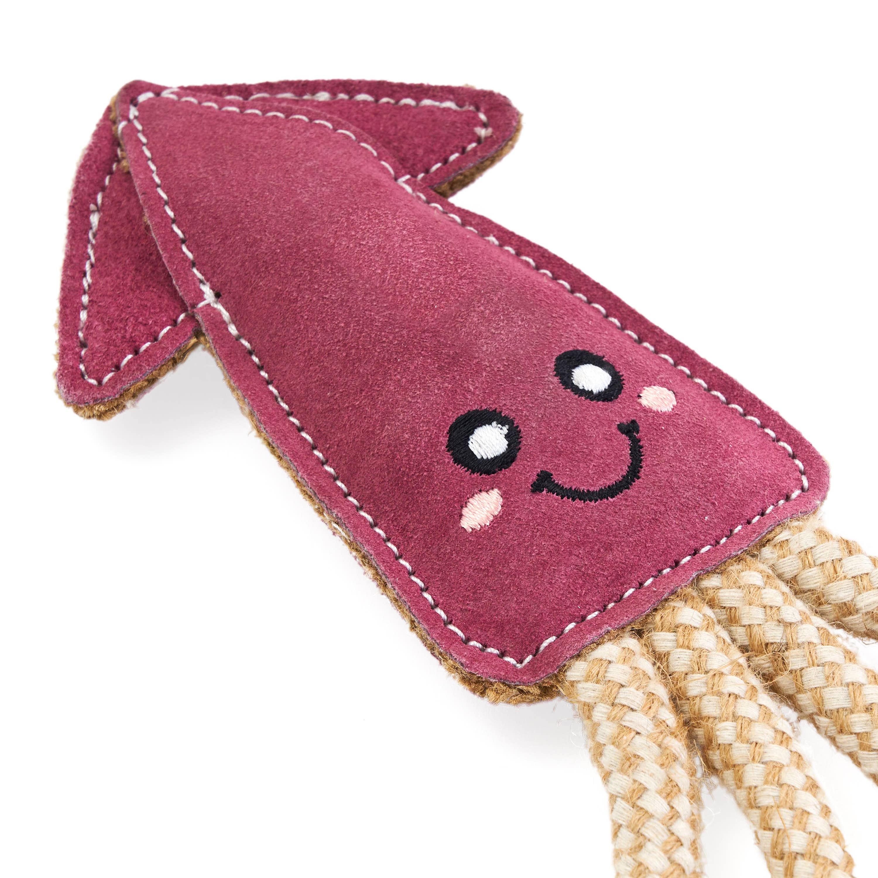 EcoZippy Suede and Rope Buddies - Squid | Natural Leather Dog Toy
