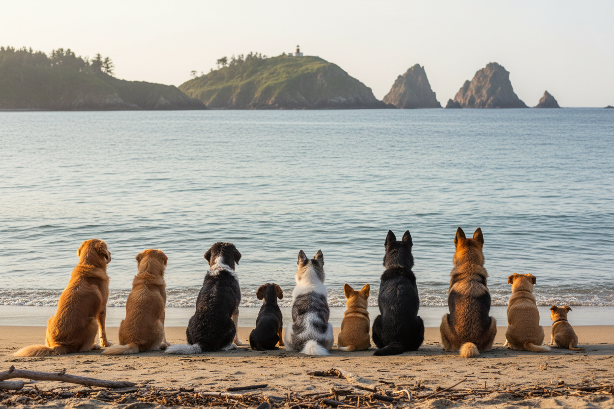 make it different breeds and facing the opposite way, where the dogs have the island behind them and the picture is taken from over the water not over the land